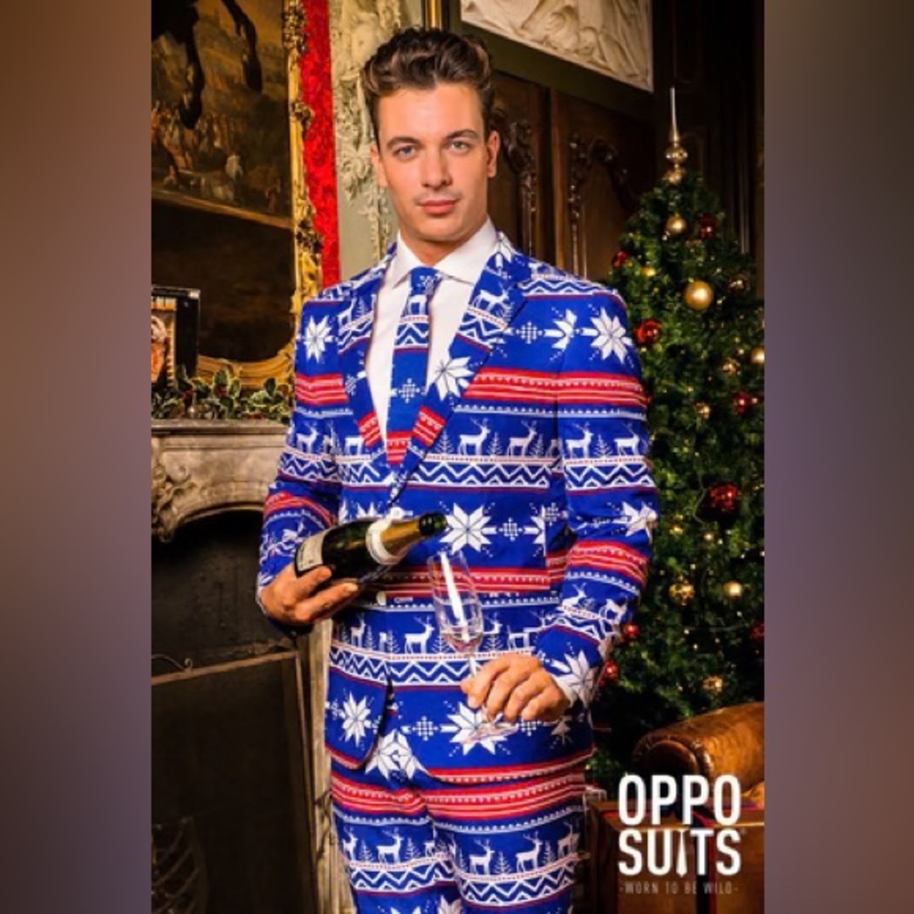 OppoSuits Rudolph Deer Snowflake Blazer Jacket Pants Tie Christmas Suit Set 44